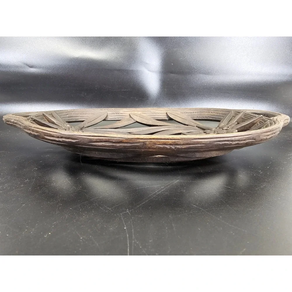 Fruit Basket 11x7x1.5 Excellent Antique 1930s Black Forest Wood Carved Edelweiss